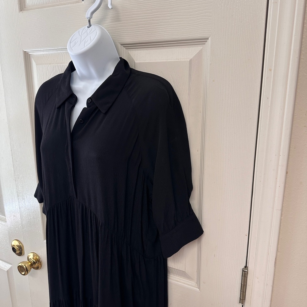 A Loves A Button Down Cuff Sleeve Tiered Waistless Midi Shirt Dress Size M Black - Picture 5 of 11